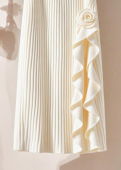 Organic Beige Striped Patchwork Floral Knit Maxi Skirt Spring YJ004