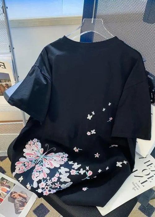 Shirts T Butterfly Organic Black Embroideried Men Summer Cotton