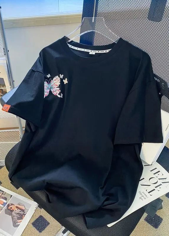 Shirts T Butterfly Organic Black Embroideried Men Summer Cotton