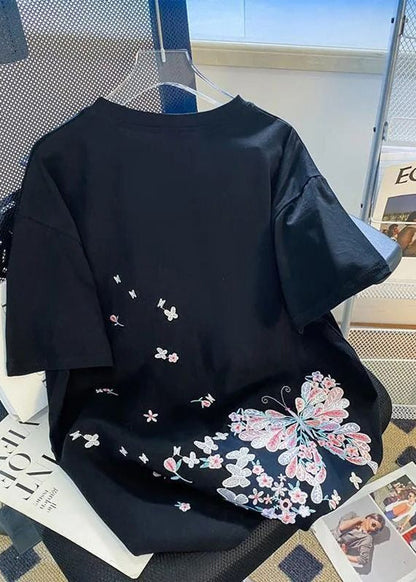 Shirts T Butterfly Organic Black Embroideried Men Summer Cotton