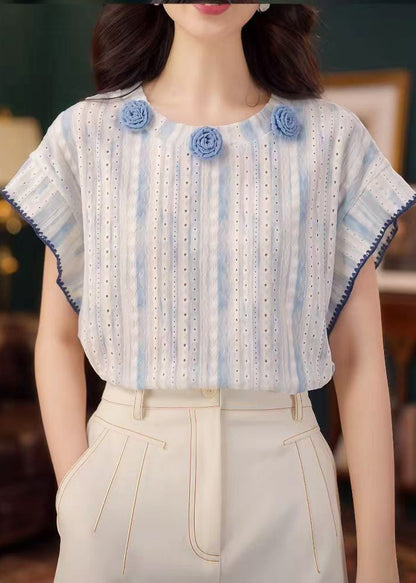 Tanks Summer Out Blue Cotton Organic Hollow Floral Decorated