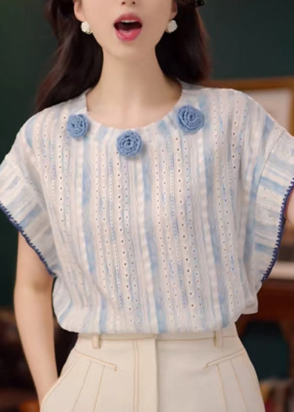 Tanks Summer Out Blue Cotton Organic Hollow Floral Decorated