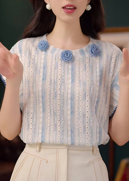 Tanks Summer Out Blue Cotton Organic Hollow Floral Decorated