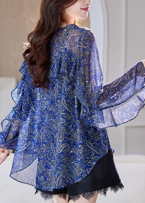 Summer Ruffled Patchwork Organic Blue Blouses Chiffon Print