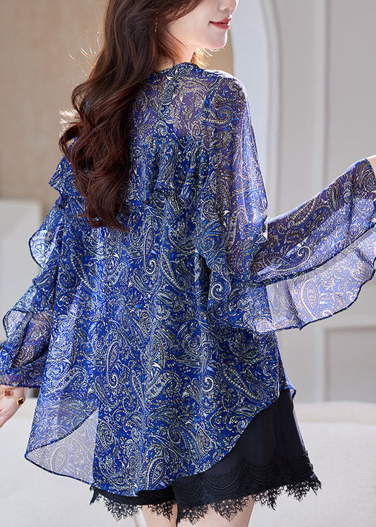 Summer Ruffled Patchwork Organic Blue Blouses Chiffon Print