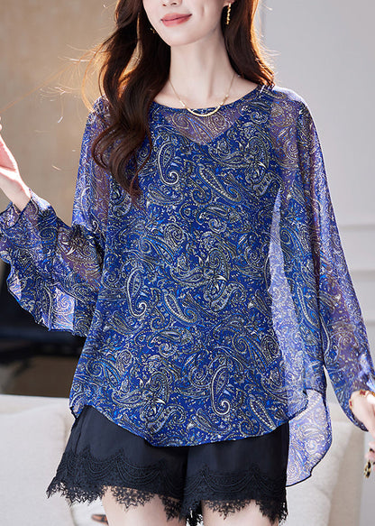 Summer Ruffled Patchwork Organic Blue Blouses Chiffon Print