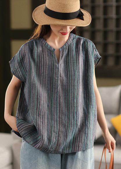 Shirt Blue Striped Linen Summer Top Neck V Organic