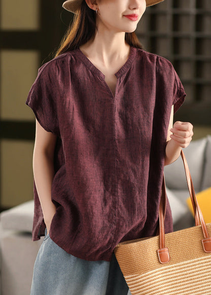 Shirt Blue Striped Linen Summer Top Neck V Organic