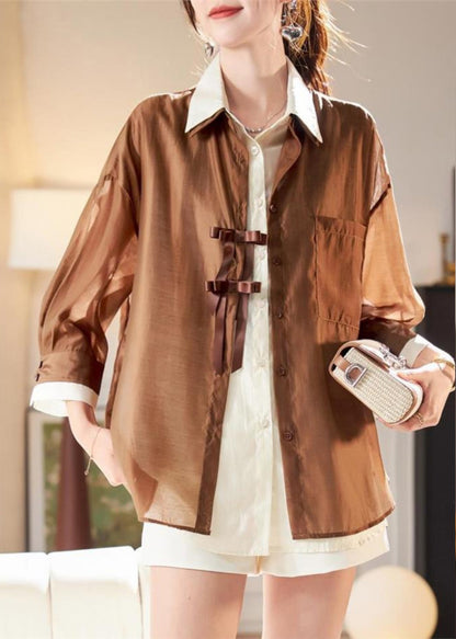 Two Shirt Pieces Fake Patchwork Organic Chiffon Spring Coffee