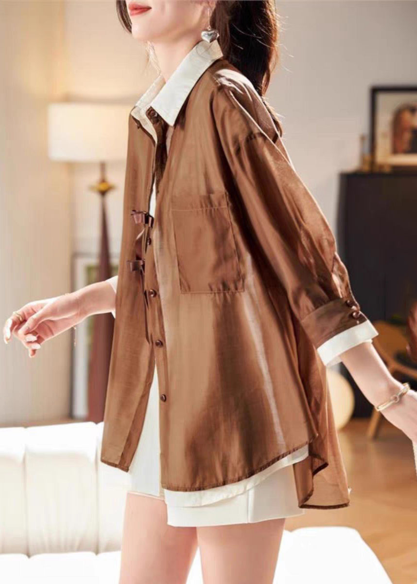 Two Shirt Pieces Fake Patchwork Organic Chiffon Spring Coffee