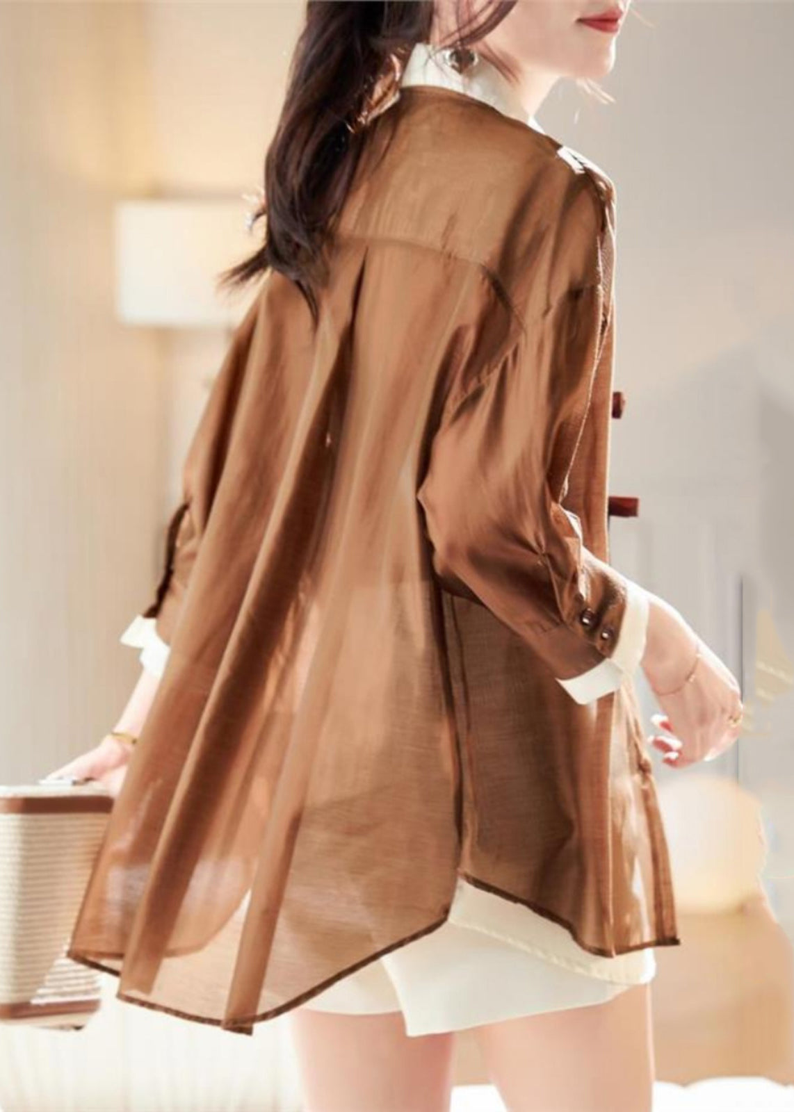 Two Shirt Pieces Fake Patchwork Organic Chiffon Spring Coffee