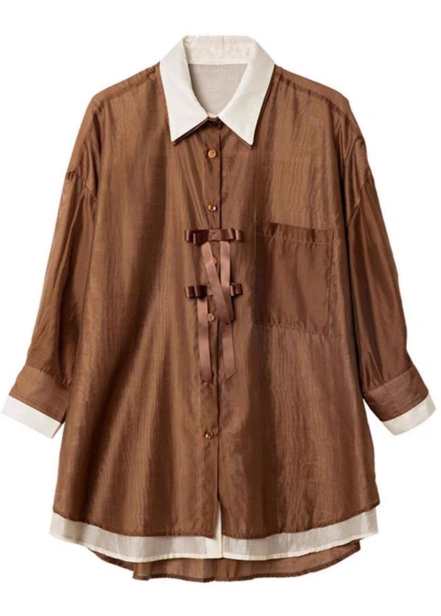 Two Shirt Pieces Fake Patchwork Organic Chiffon Spring Coffee