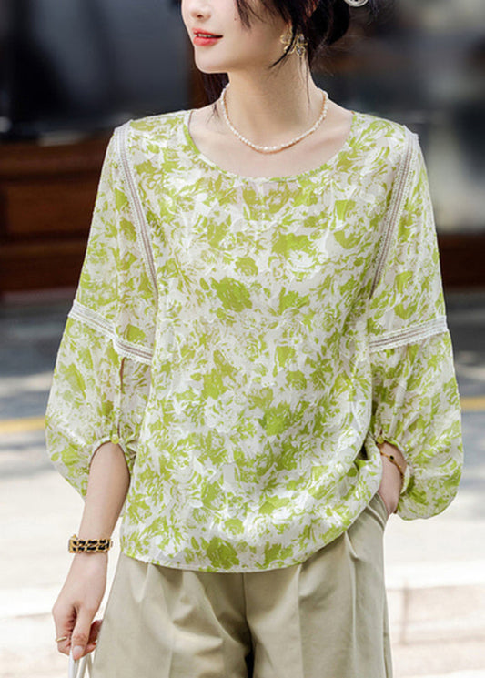 Organic Fluorescent Green O-Neck Patchwork Chiffon Shirts Fall WW018