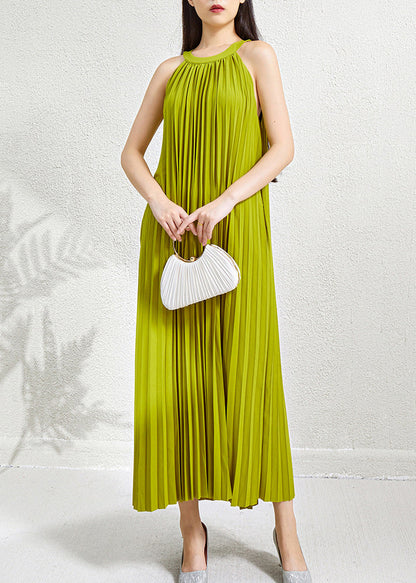 Green Wrinkled Halter Dress Long Pockets Sleeveless Organic