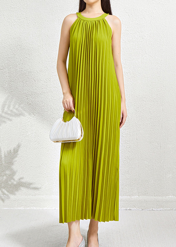 Green Wrinkled Halter Dress Long Pockets Sleeveless Organic