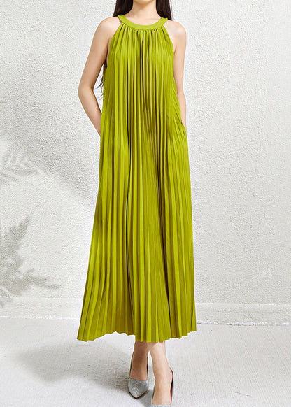 Green Wrinkled Halter Dress Long Pockets Sleeveless Organic