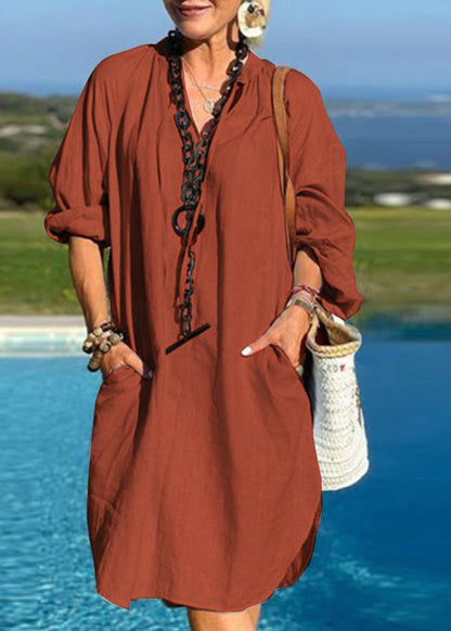 V Mid Dresses Blue Vacation Organic Patchwork Light Pockets Neck