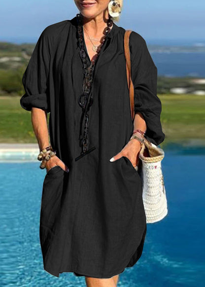 V Mid Dresses Blue Vacation Organic Patchwork Light Pockets Neck