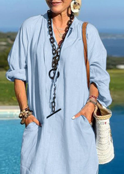 V Mid Dresses Blue Vacation Organic Patchwork Light Pockets Neck