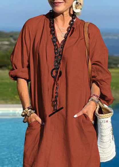 V Mid Dresses Blue Vacation Organic Patchwork Light Pockets Neck