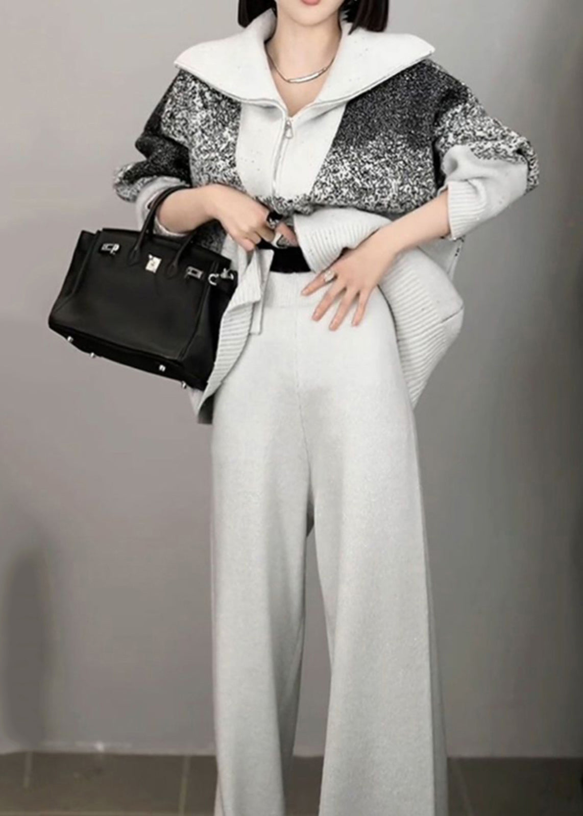 Organic Light Grey Print Zippered Cotton Knit Sweaters And Wide Leg Pants Two Pieces Set Winter RF040