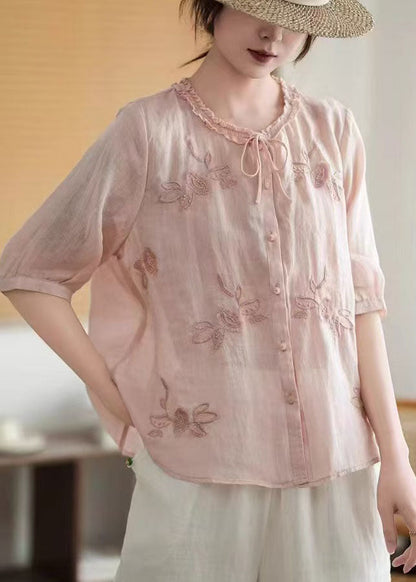 Summer Pink Organic Tops Tie Embroidered Linen Neck