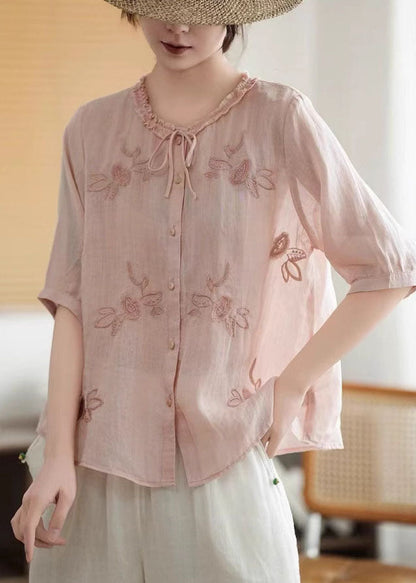 Summer Pink Organic Tops Tie Embroidered Linen Neck