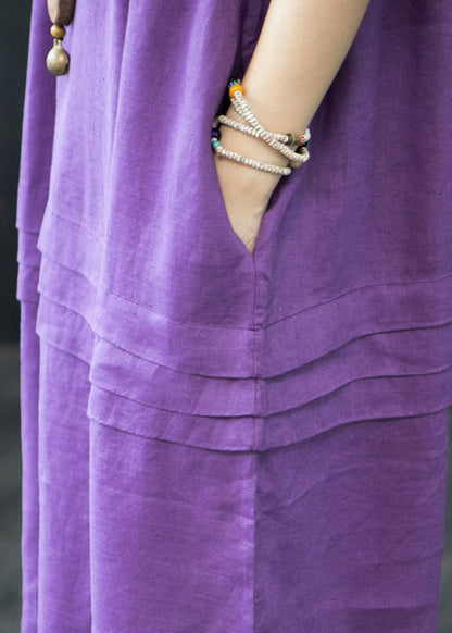 Oversized Organic Linen Summer Wrinkled Purple Dresses