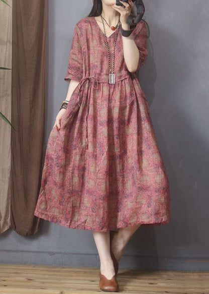 Summer Linen Dresses Red Organic Cinched Print