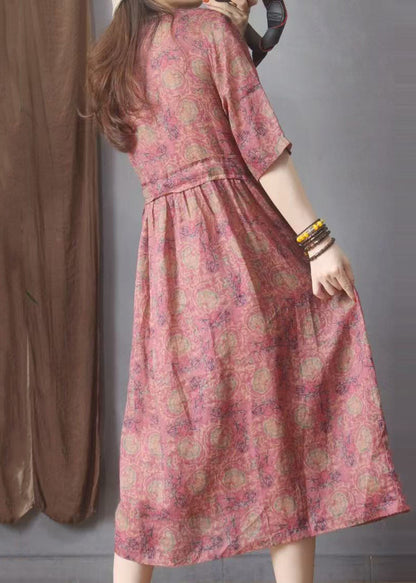 Summer Linen Dresses Red Organic Cinched Print
