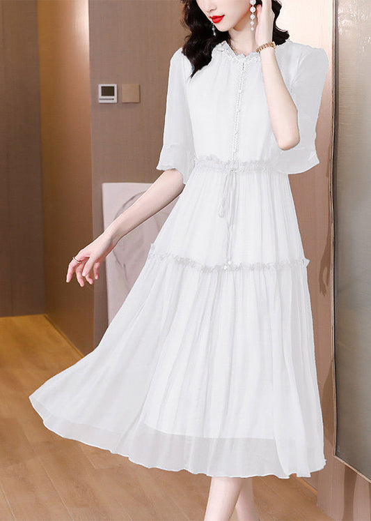 Organic White Ruffled Patchwork Drawstring Silk Dress Summer BB002