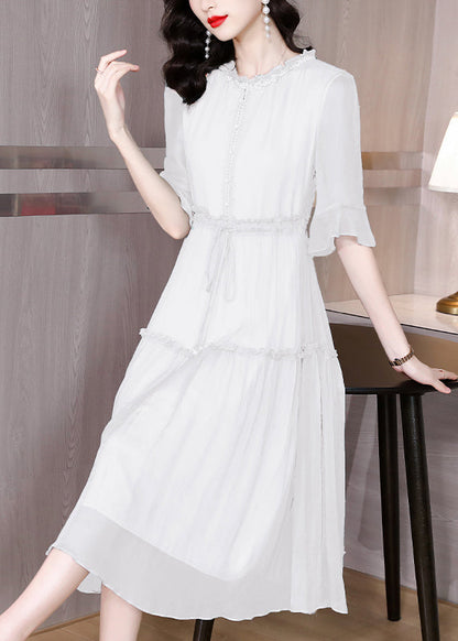 Organic White Ruffled Patchwork Drawstring Silk Dress Summer BB002