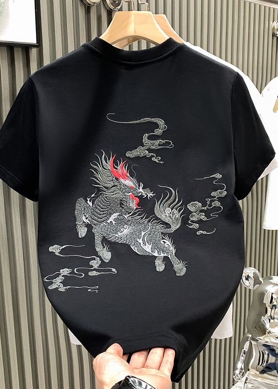 Mens Shirts Neck Oriental T O Summer Cotton Embroideried White