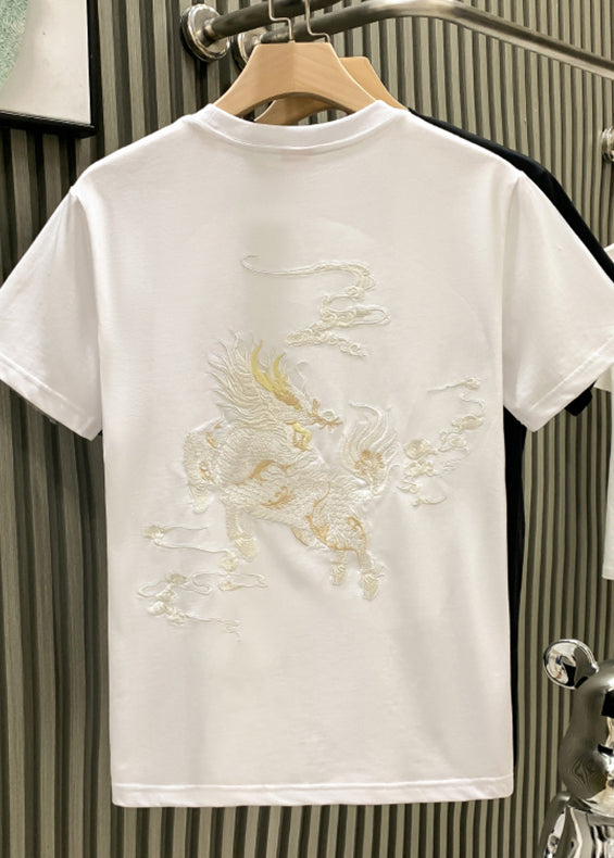 Mens Shirts Neck Oriental T O Summer Cotton Embroideried White