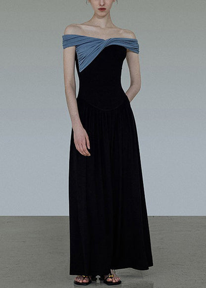 Cotton Wrinkled Neck Dress Long Patchwork Slash Original Black