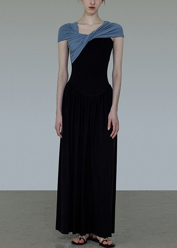 Cotton Wrinkled Neck Dress Long Patchwork Slash Original Black