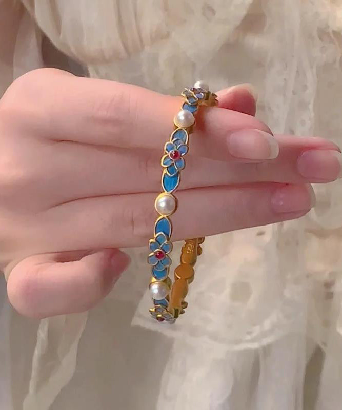 Gold Bangle Ancient Blue Floral Original Pearl