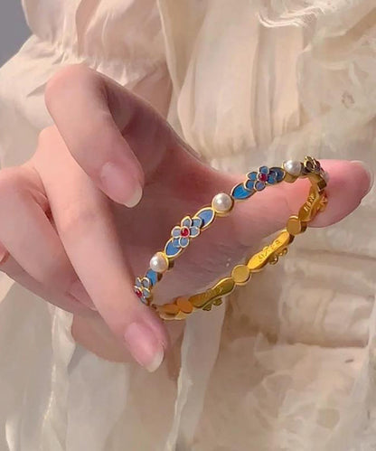 Gold Bangle Ancient Blue Floral Original Pearl