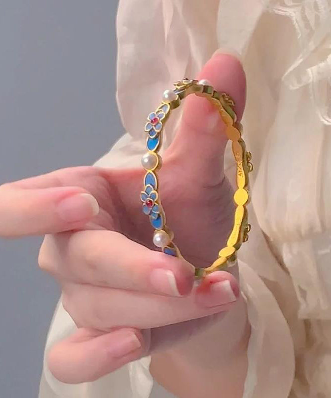 Gold Bangle Ancient Blue Floral Original Pearl