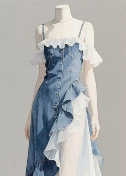 Blue Original Patchwork Denim Asymmetrical Ruffled Spaghetti