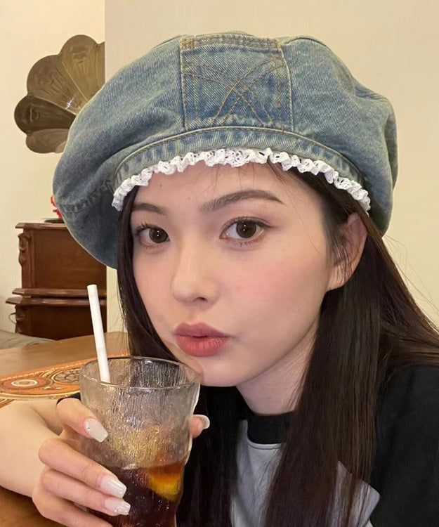 Blue Denim Original Beret Trimmed Hat Lace