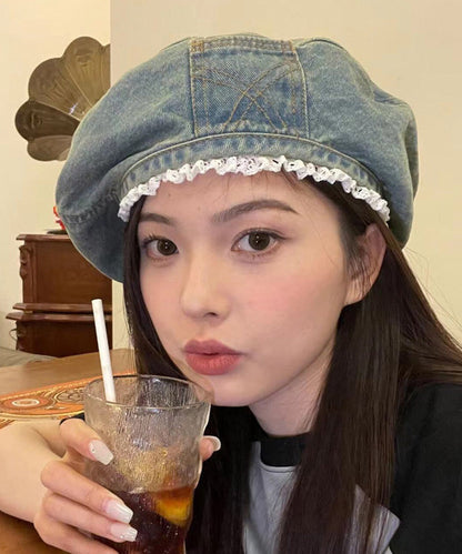 Blue Denim Original Beret Trimmed Hat Lace