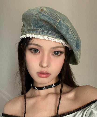 Original Denim Blue Hat Trimmed Beret Lace