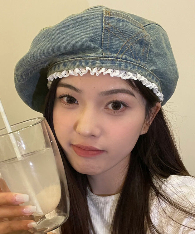 Blue Denim Original Beret Trimmed Hat Lace