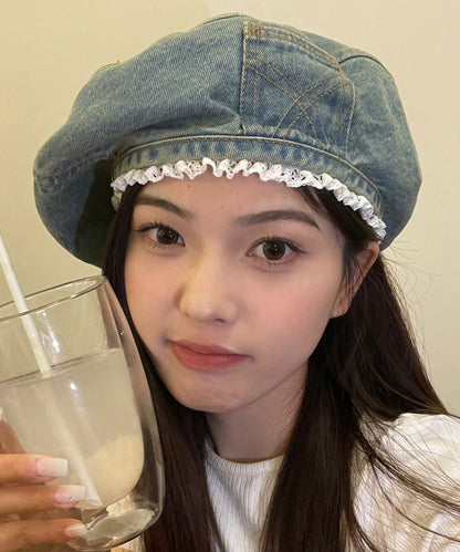 Blue Denim Original Beret Trimmed Hat Lace