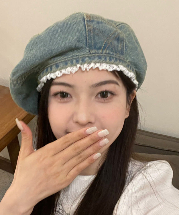 Original Denim Blue Hat Trimmed Beret Lace