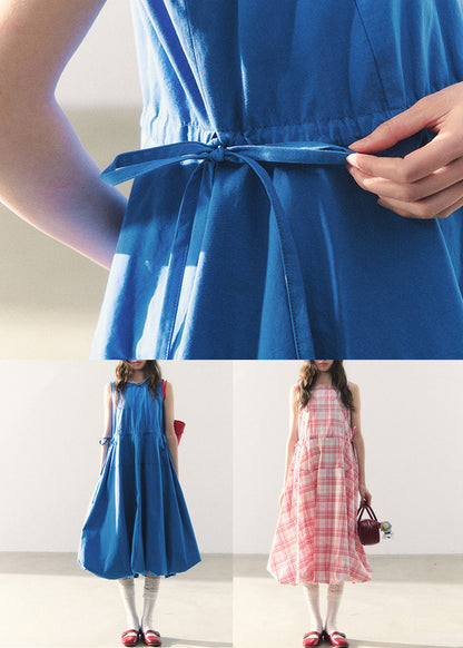 O-Neck Blue Long Waist Dress Cotton Sleeveless Original Tie