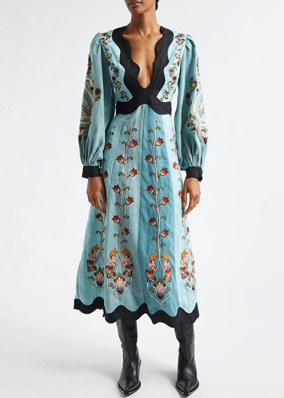 Cotton V Long Original Dress Print Neck Spring Blue Backless