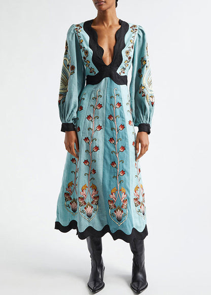 Cotton V Long Original Dress Print Neck Spring Blue Backless