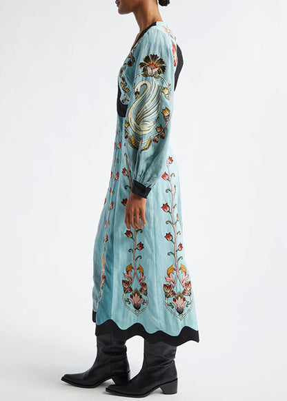 Cotton V Long Original Dress Print Neck Spring Blue Backless